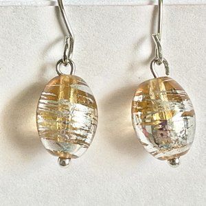 Peach Murano Art Glass Earrings Bead Hand Painted Oval Bead Silver Plated
